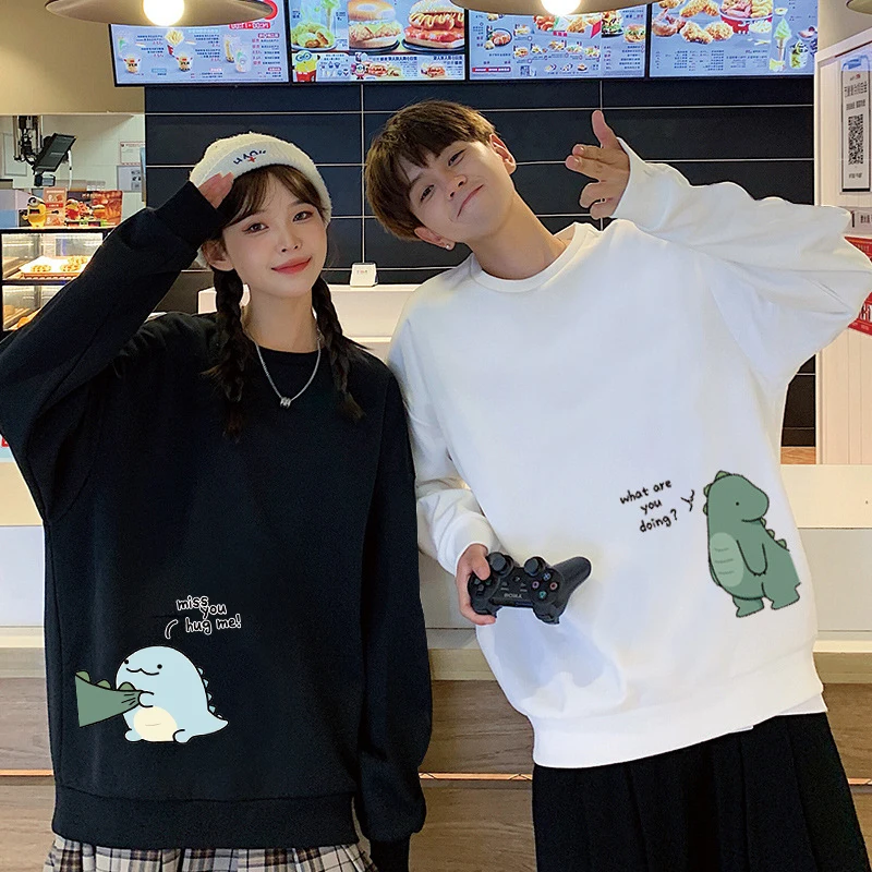 Cute Monster Dinosaur Print Matching Round Neck Couple Friend Hoodies Sweatshirts For Girlfriend Boyfriend Autumn Winter Custom