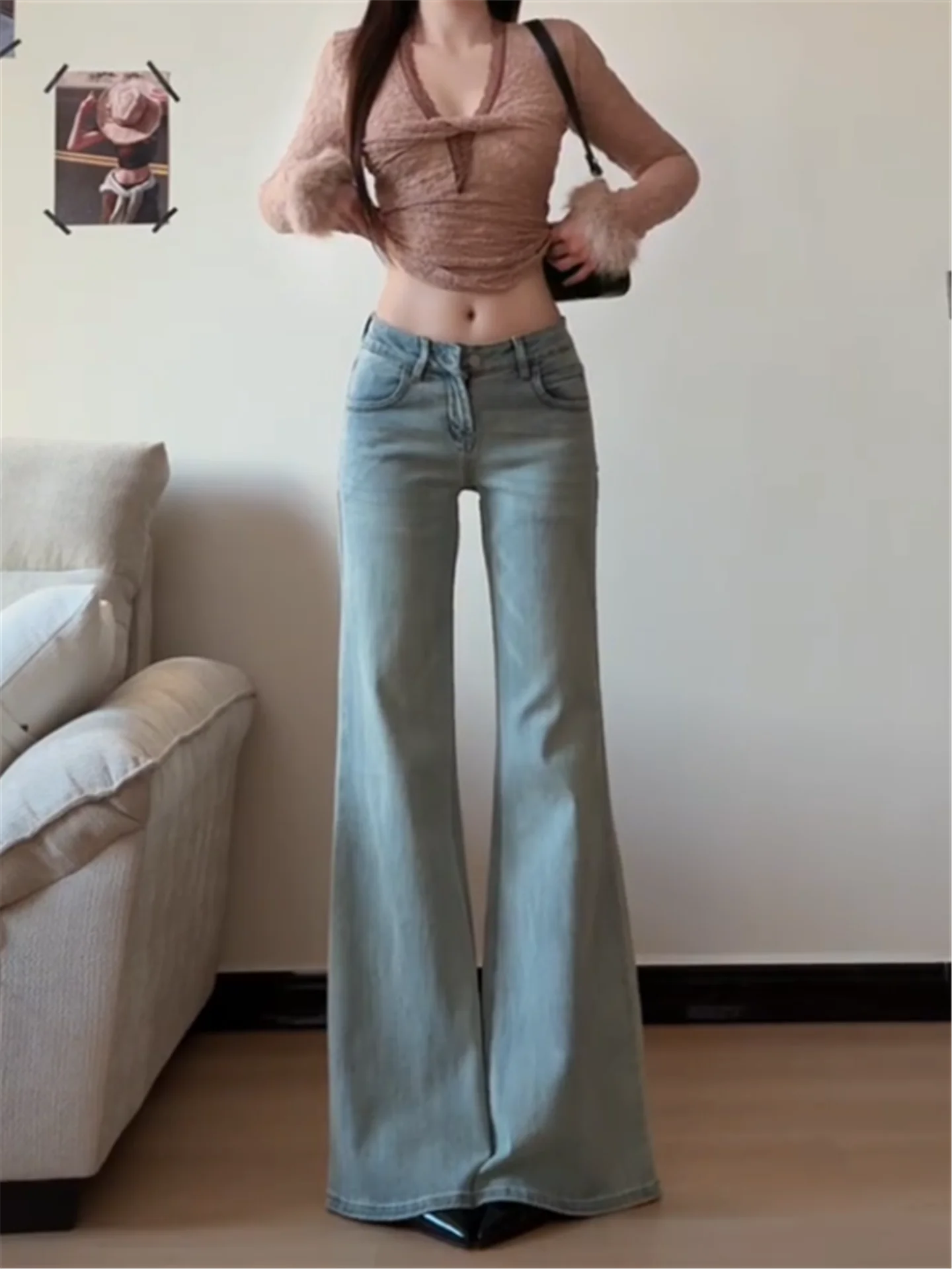 

Extended Length Low Waist Bell Bottom Jeans Women's Loose Fit Draped Leggings Light Blue Spring Season Cleanfit Style Jeans