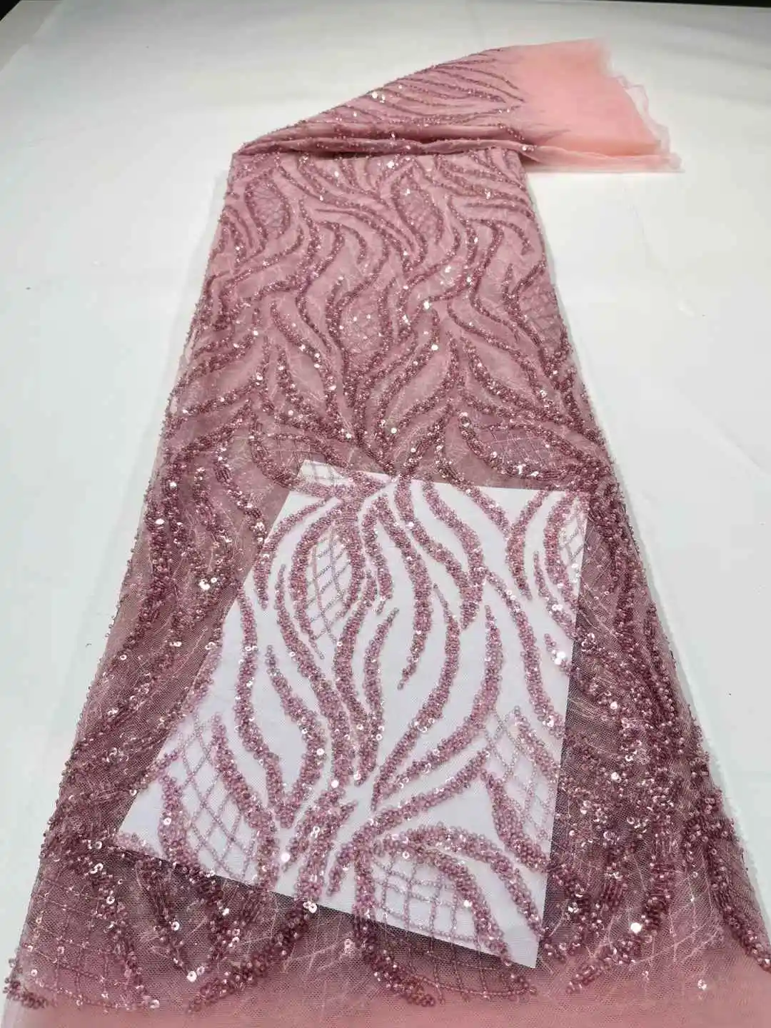 

Latest Pink African Lace Fabric 2025 High Quality Sequins Beaded Embroidery For Women Wedding Party Dresses Mesh Fabric 5 Yards