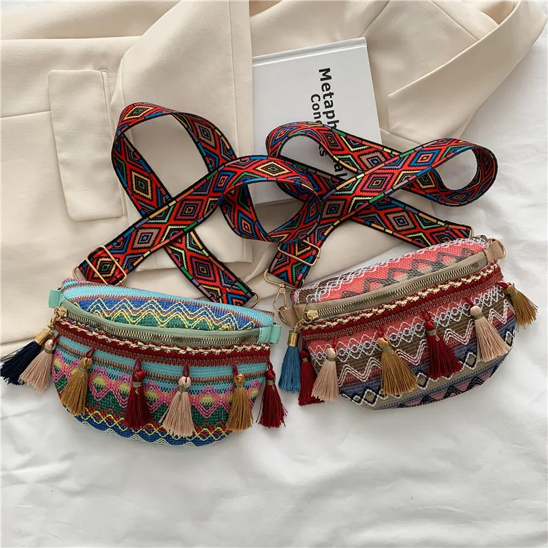 New Ethnic Style Lady Saddle Bag Retro Tassel Small Bag Fashion Wide Shoulder Strap Chest Bag Large Capacity Casual Female Bag