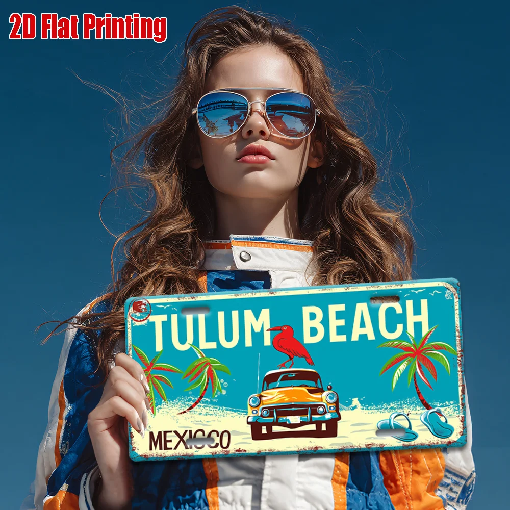 Impresión, matrícula de metal vintage, arte de pared al aire libre, letrero de aluminio número TULUM BEACH con coche tropical y loro, Gr