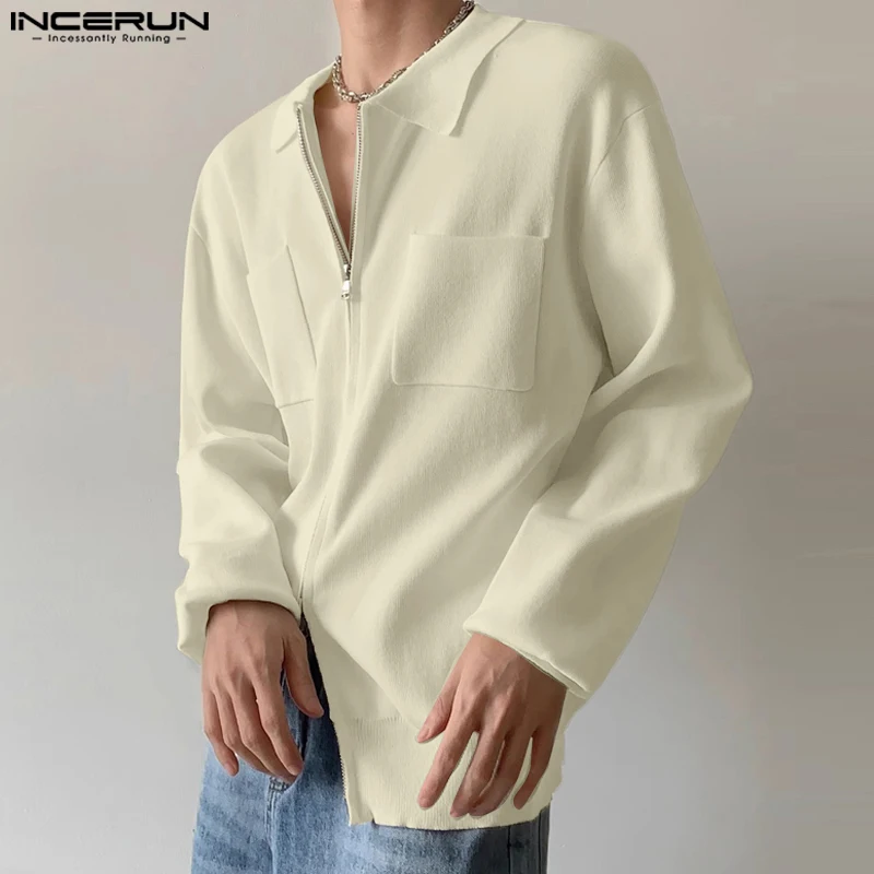 INCERUN Tops 2024 Korean Style New Men\'s Double Head Zippered Lapel Design Shirts Casual Simple Street Long Sleeved Blouse S-5XL