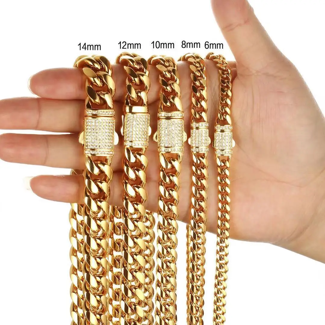 

Fine Jewelry Wholesale Iced Out Cuban Chain Necklace Luxury 18K PVD Gold Plated 316L Stainless Steel Men Women Cuban Link Chain