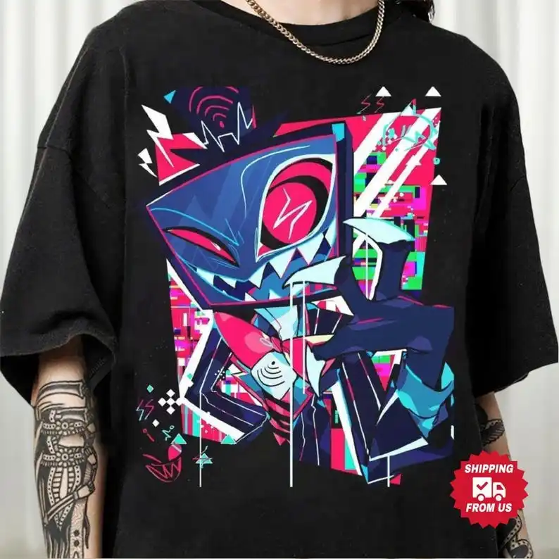 Helluva Boss Vox Glitch Art Themed Oversize T-Shirt: Black Base with Cyber-Demon Character & Neon Glitch Design Fan Merch