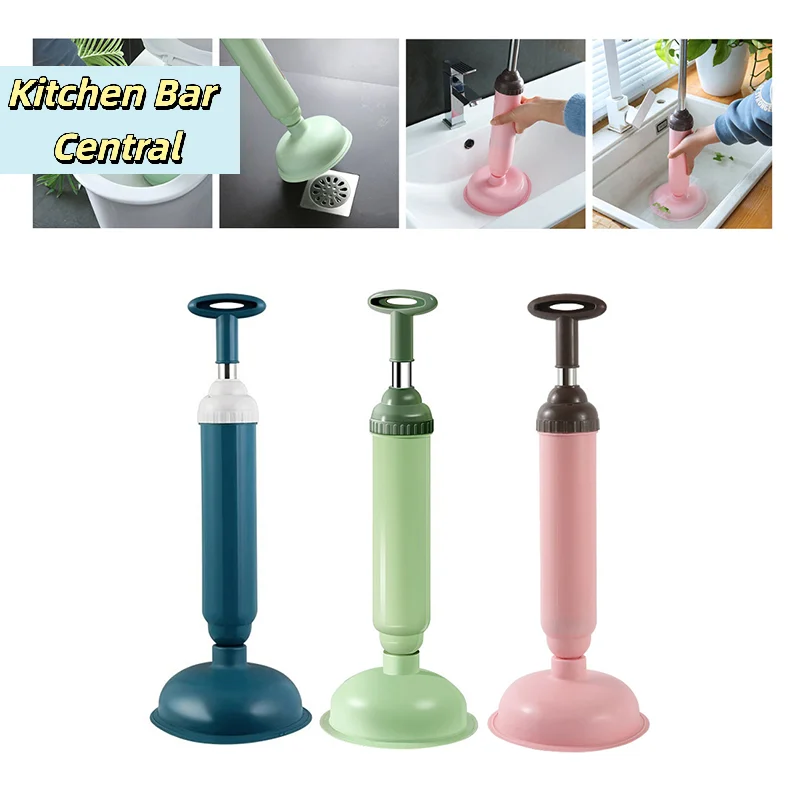 Desatascador de inodoro de plástico con ventosa de vacío y bomba de alta presión para desobstruir tuberías y tapones de inodoro en el baño.