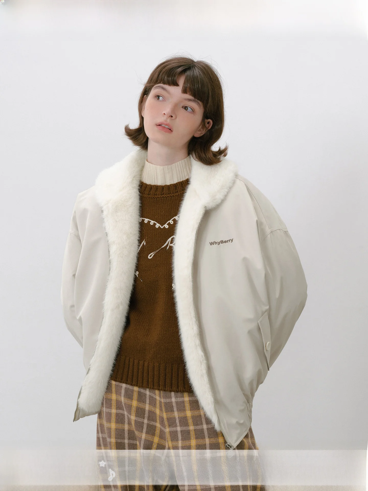 

WhyBerry Windproof Thiened Cotton Jaet for Autumn And Winter Flip Fur Trim Versatile Sle Commute Friendly Pure Color