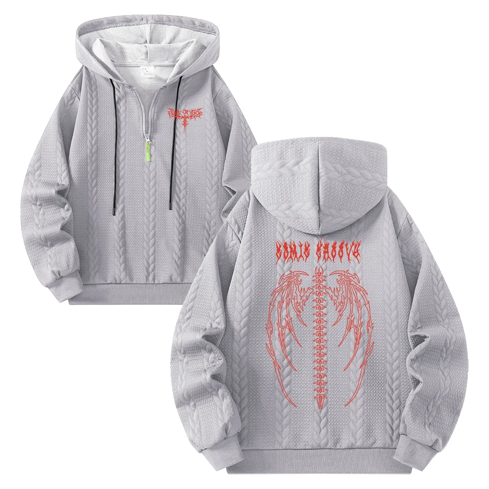 Men's Thorn Skeleton Wing Print Half Zip Hoodies Casual Cable Knit Embossed Pullover Sweatshirt Autumn Fitness Commute Top
