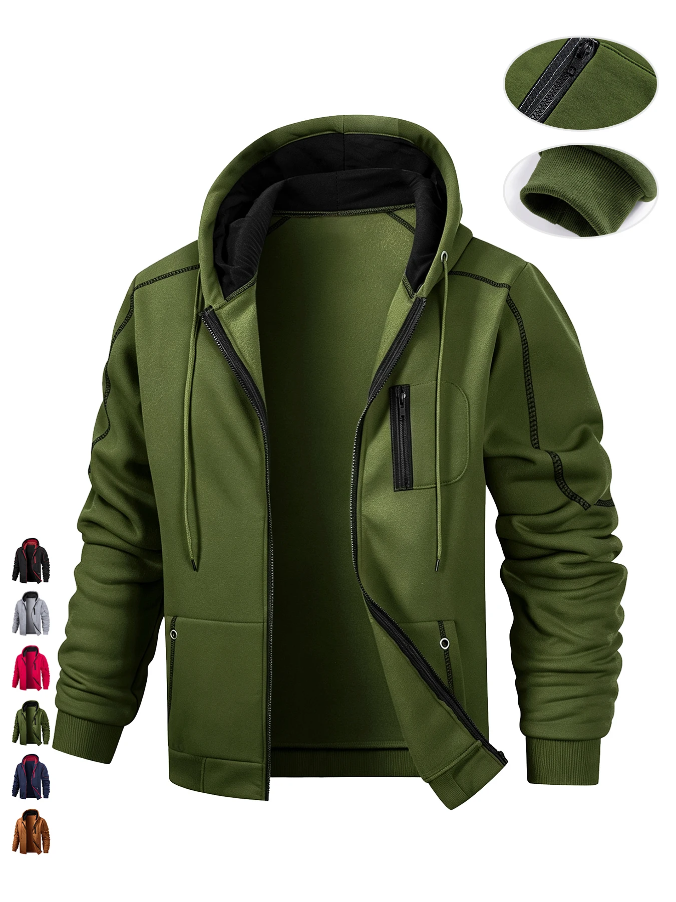 Men Full Zip Hooded Jacket Contrast Color Drawstring Hood Stitching Decor Casual Daily Sweatshirt Coat