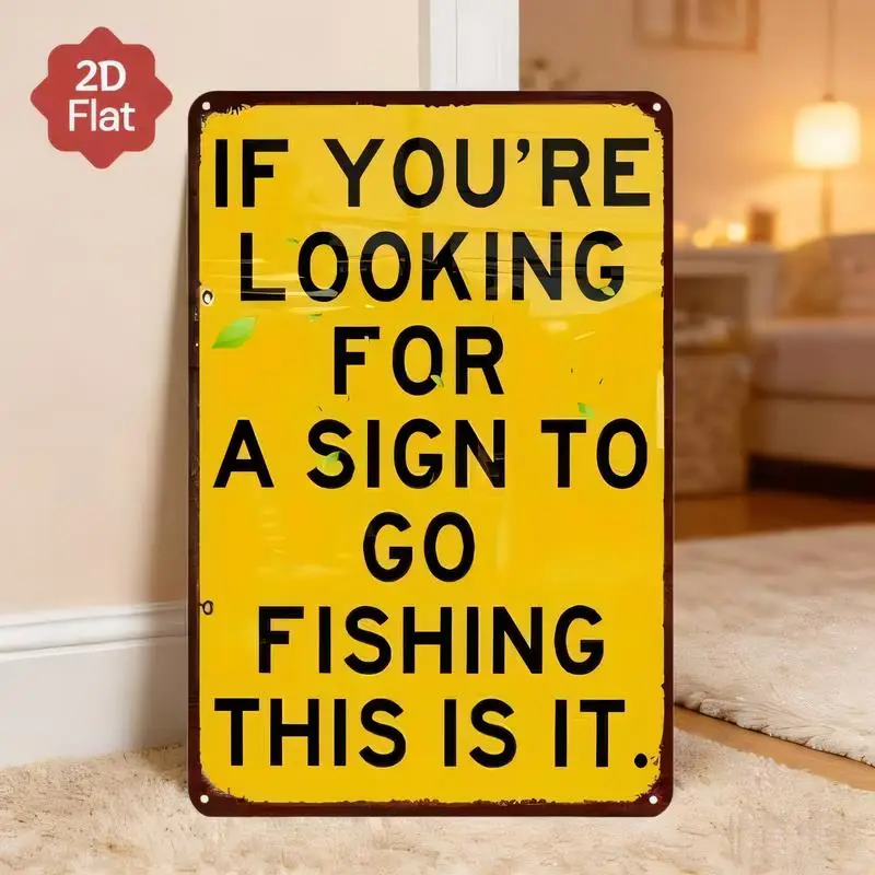 Go Fishing Vintage Yellow Metal Tin Sign - Retro Wall Art with Funny Fishing Quote, Iron Material, Perfect for Living Room & Far