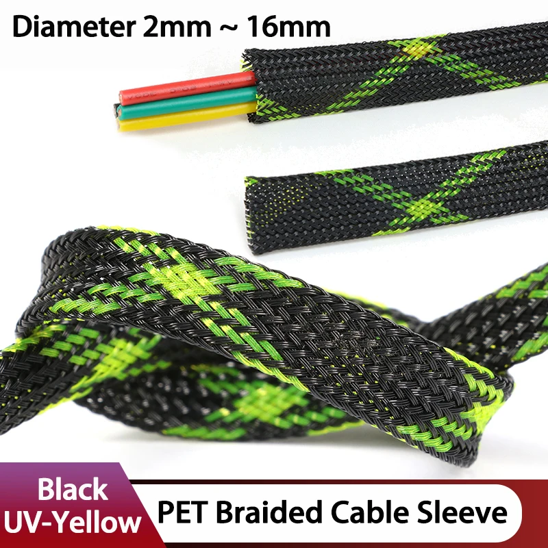 

PET Braided Cable Sleeve Black UV-Yellow 2/4/6/8/10/12/16mm Expandable High Density Insulated Line Protection Wire Wrap Sheath