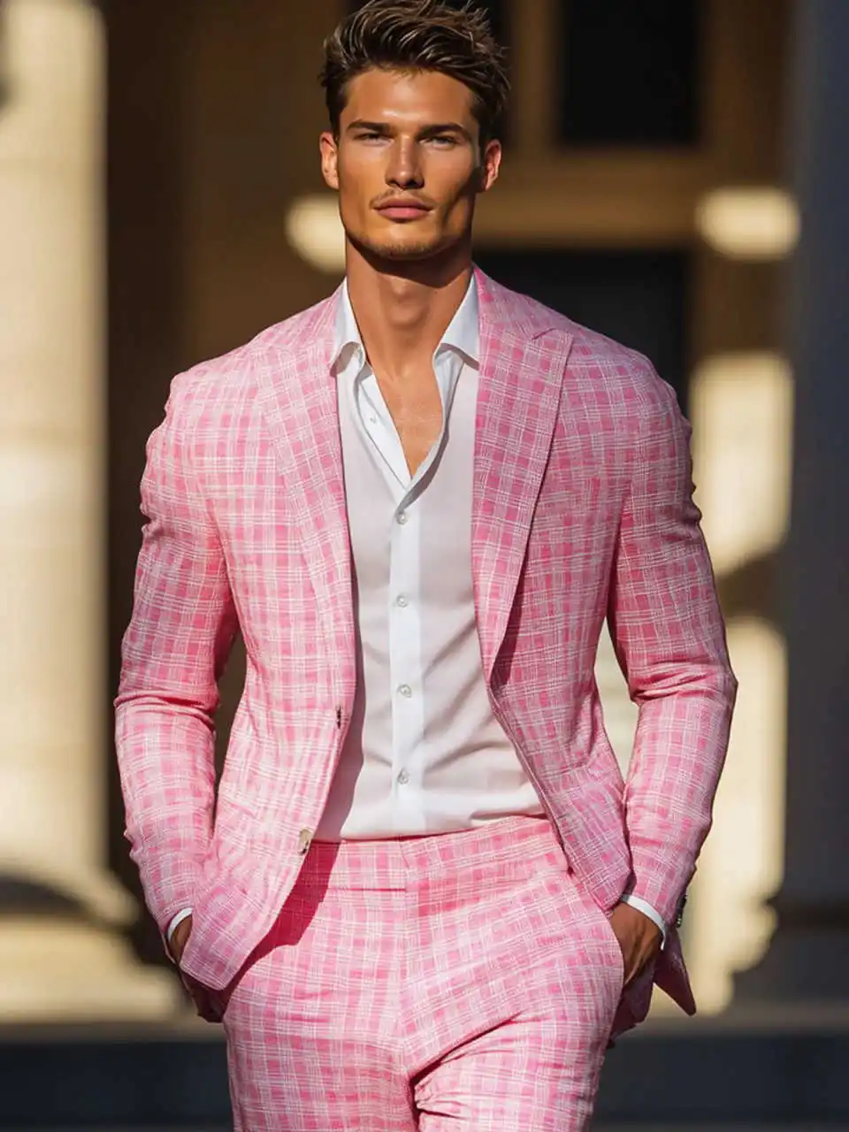 Esmoquin de cuadros rosas de verano para hombre, solapa con visera, ropa Formal para fiesta de cumpleaños y novio, trajes de Cosplay personalizados, 2 piezas