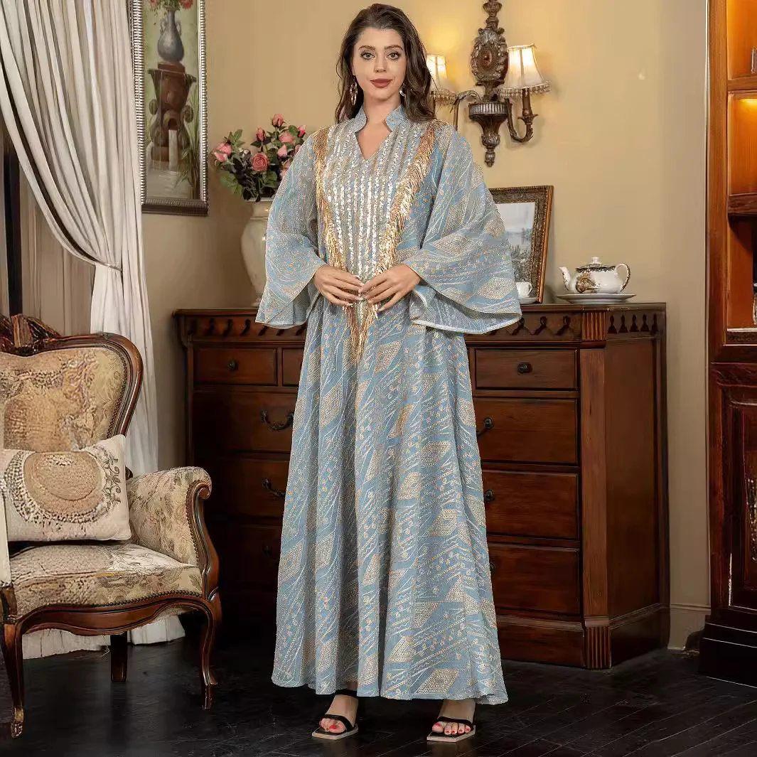 

Africa Clothing Muslim Fashion Womens Luxury Loose Casual Daily Long Sleeve V-neck Ankle Length Dresses Female Sequins Abaya