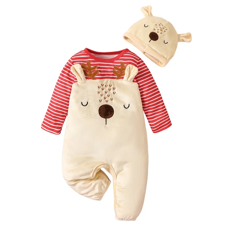 Baby 2Pcs Christmas Outfits Long Sleeve Round Neck Reindeer Romper Hat Set Holiday Clothes