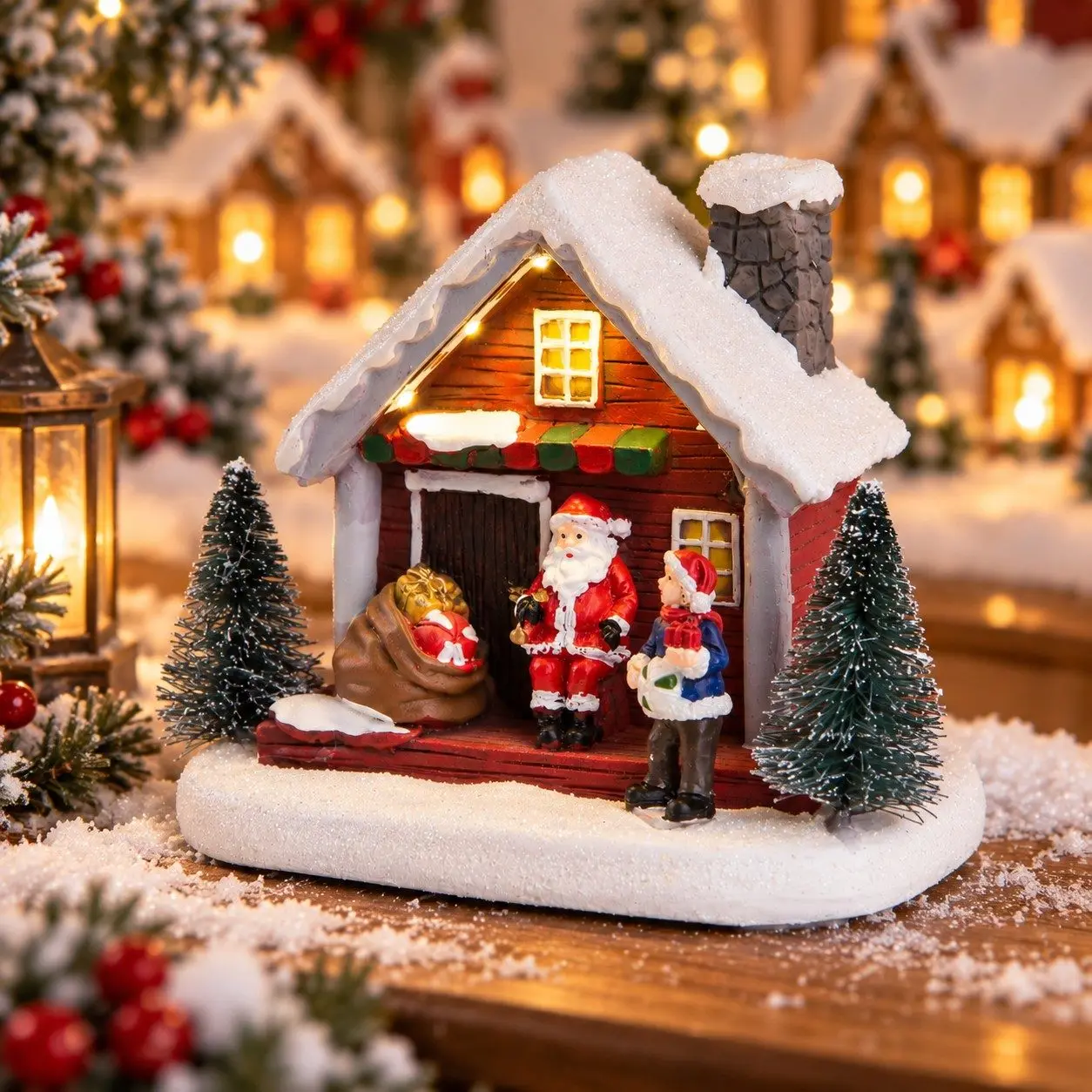 Weihnachtsdorf-Szene Schneehaus Beleuchtete Weihnachtsmann-Figur Hütte Weihnachtsbaum-Dekoration Warmes Licht Tischdekoration Weihnachtsdekoration – Detail 5