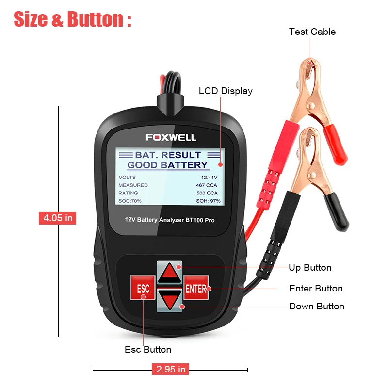 FOXWELL BT100 PRO Car Battery Tester 6V 12V For Flooded AGM GEL 100 to 1100CCA 200AH Battery Health Analyzer Diagnostic Tool