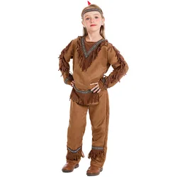 2024 Kid Girl Boy Indian Costume Native American Aboriginal Chiefs Cosplay Outfit Indian Savage Halloween Fantasia Fancy Dress