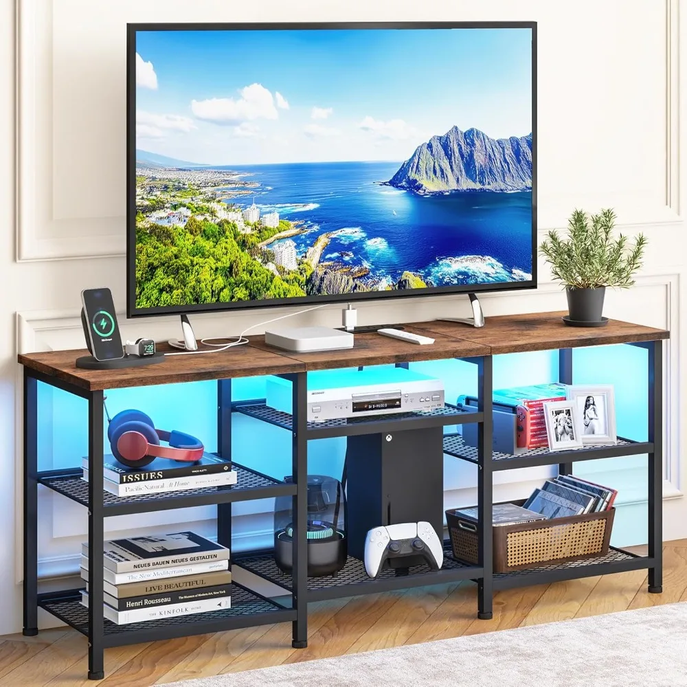 

TV Stand for 55 inch TVs, Entertainment Center with Movable Shelf Panels, Power Outlet and LED Lights Open Storage Shelv