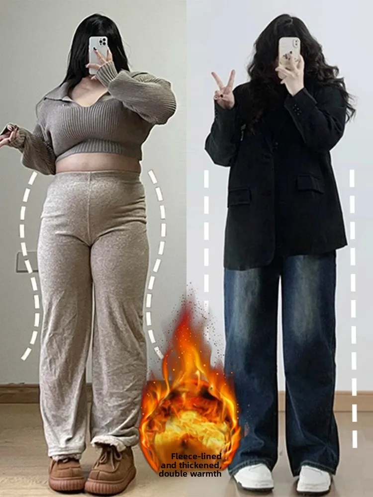 

Темно-синие широкие джинсы с подкладкой Fce, женские осенне-зимние новые свободные брюки для похудения больших размеров, прямой крой