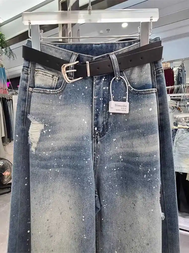 American Retro Ripped Hole Jeans Chic Gradient Diamond Denim Trousers Design Sense High Waist Loose Wide Leg Pants