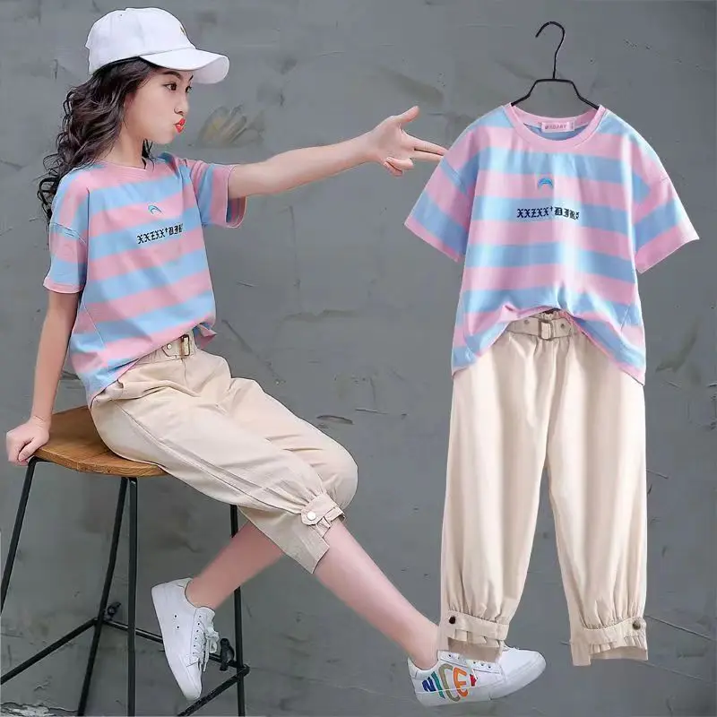 Kids Girls Clothes Sets Summer Fashion Sport Short Sleeve Stripe Shirts + Pants 2PCS Tracksuit Children Clothes Teen 6 8 10 12 Y