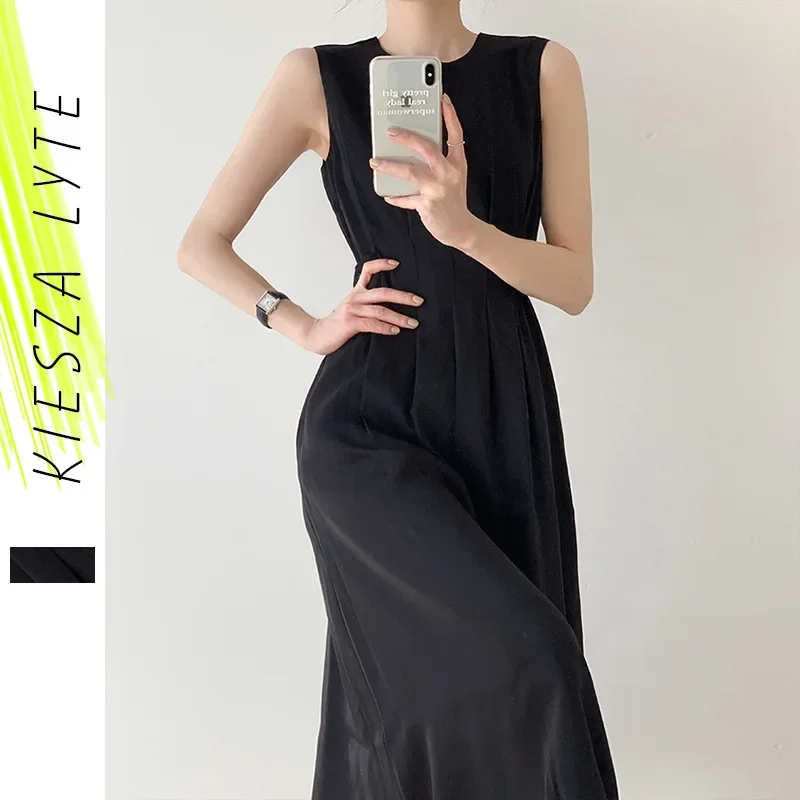 Black Dress 2024 French High Waist Sleeveless Twisted A Line Ladies Summer Dresses Women Clothing  Vestido Midi Elegante