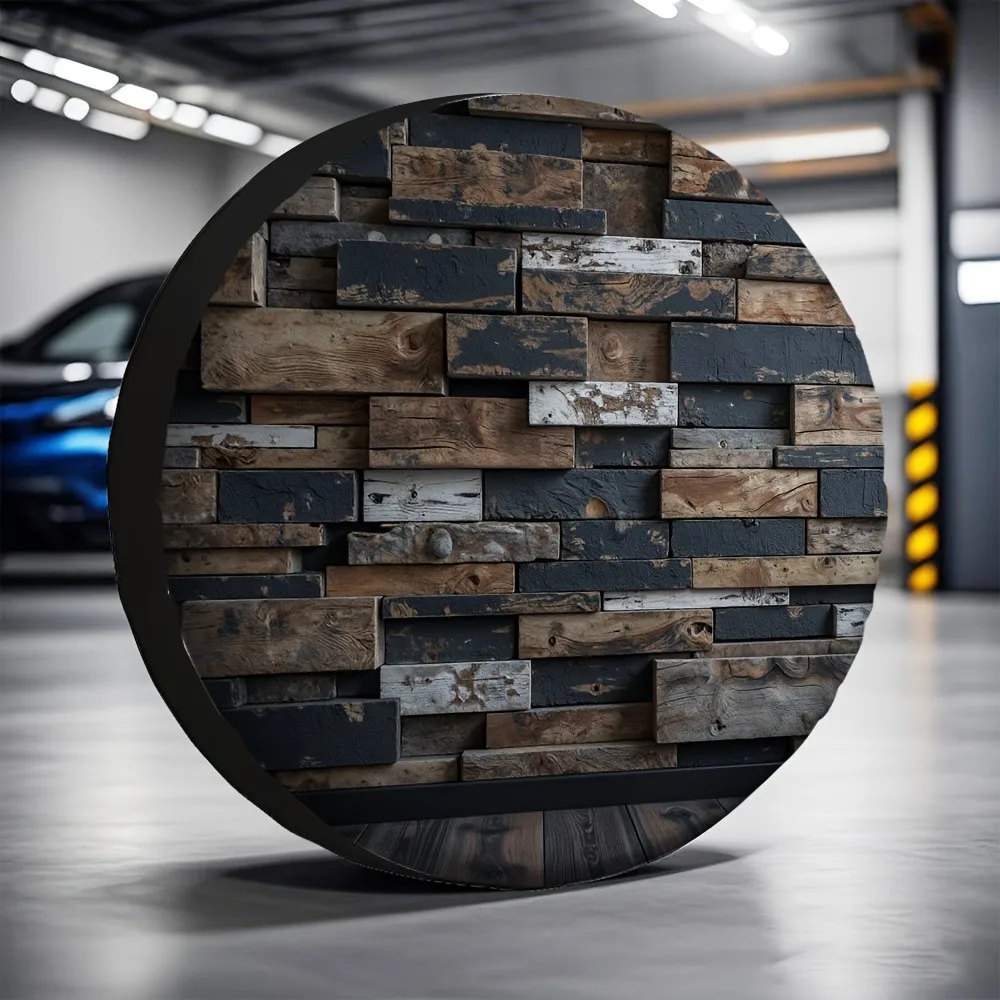 

Rustic Wood Blocks Tire Cover Durable Polyester Waterproof Spare Tire Protector for SUV