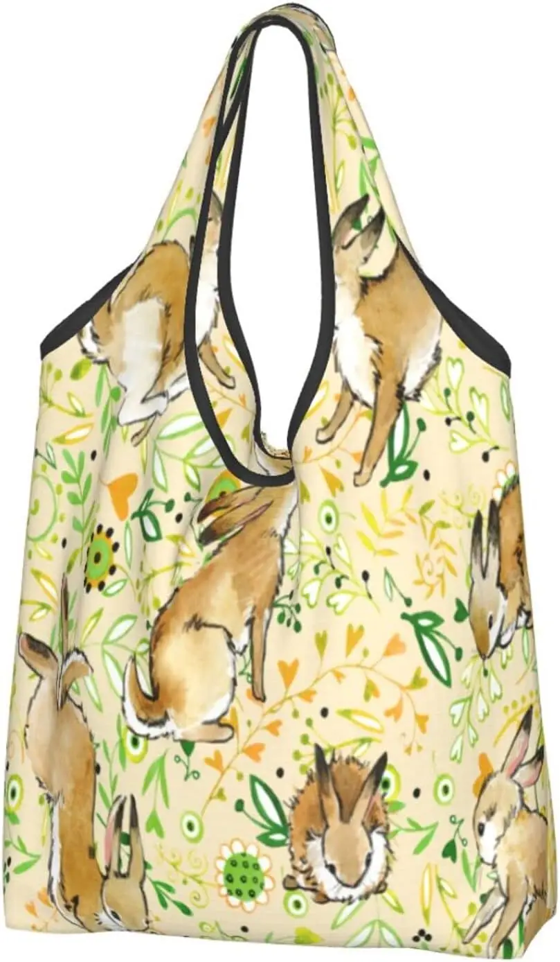 

Kitchen Reusable Grocery Bags Cute Bunny Rabbit Watercolor Shopping Bags Washable Foldable Carry Pouch Tote Gift Bags Durable