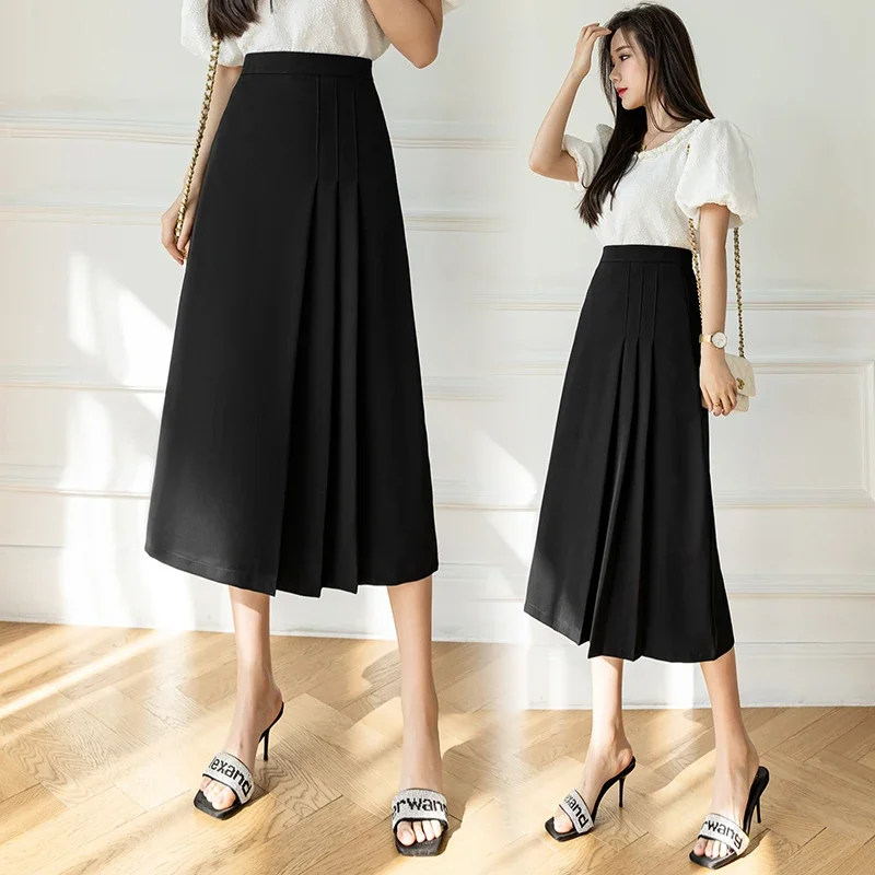 White Black Mid-length Pleated Skirt Female Summer New High-waisted A-line Black Suit Korean All-match Commuter Skirt Streetwear