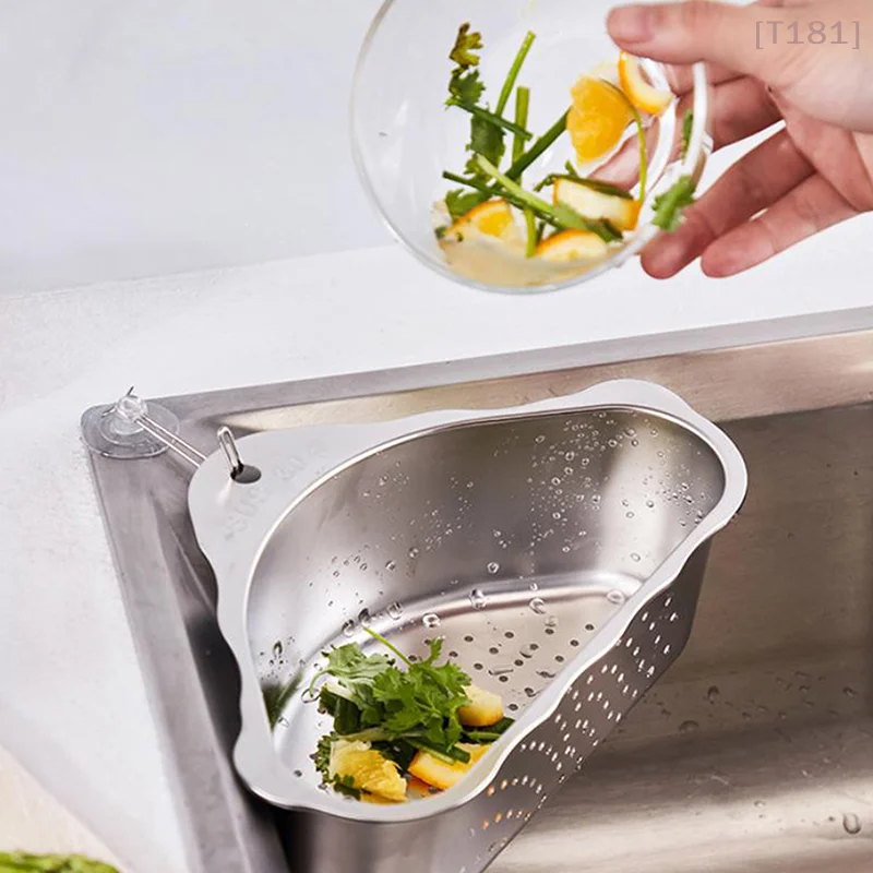 [E] 304 Stainless Steel Corner Sink Strainer Drain Basket Kitchen Gadget Racks Holders Storage Ganizer Vegetable Drainer