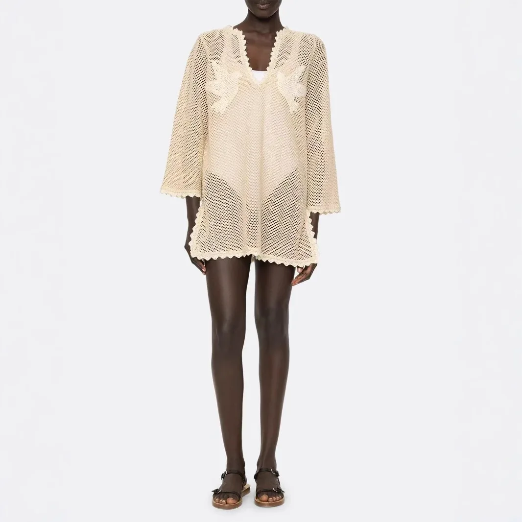 

2025 Sezanes Retro New Fashion Modern Mesh Hollow Embroidery Flying Bird V-Neck Short Dress Women