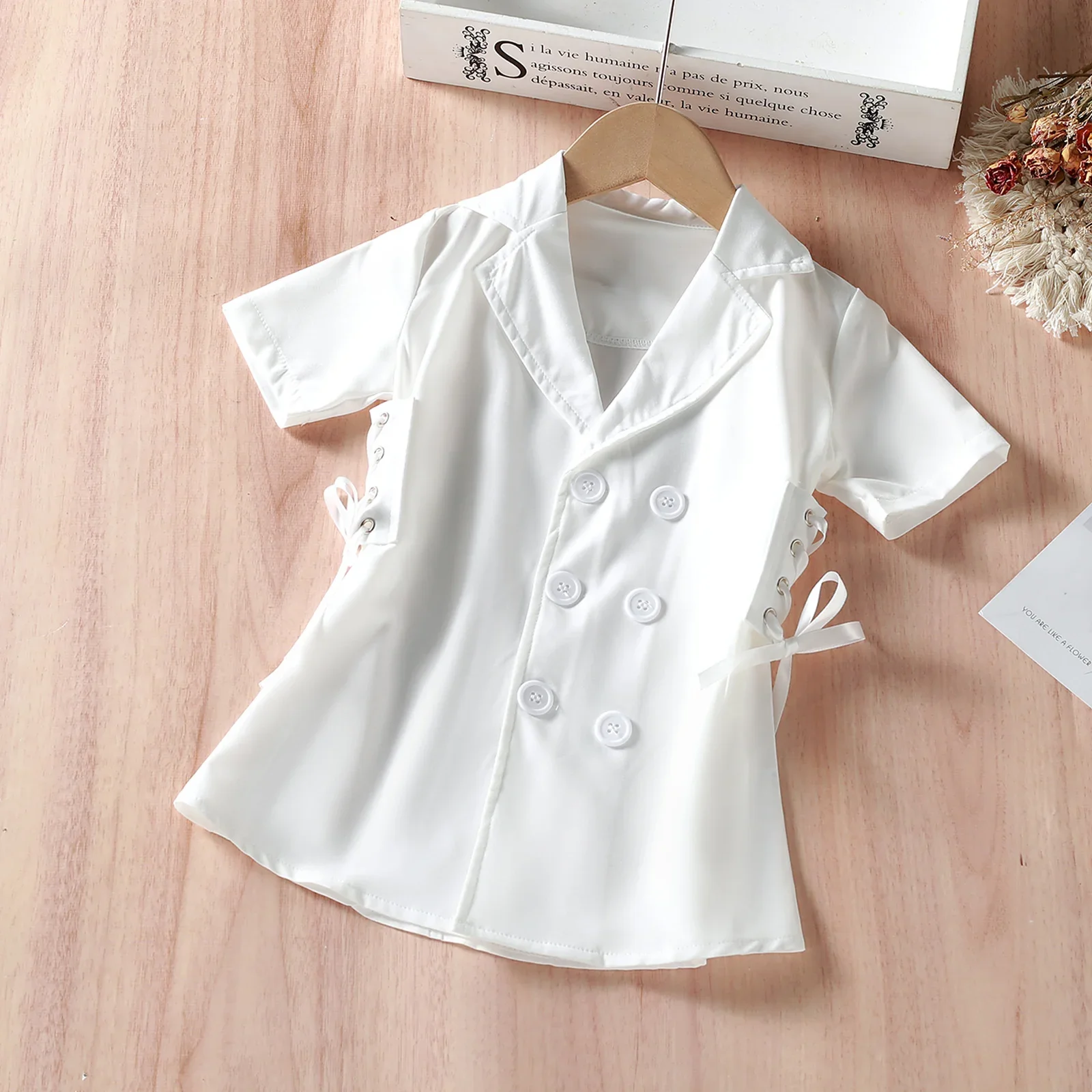 

2024 Summer Fashion Kids Girls Shirt Dress Short Sleeve Turn-down Collar Button Closure Side Lacing Dress For Girls Streetwear