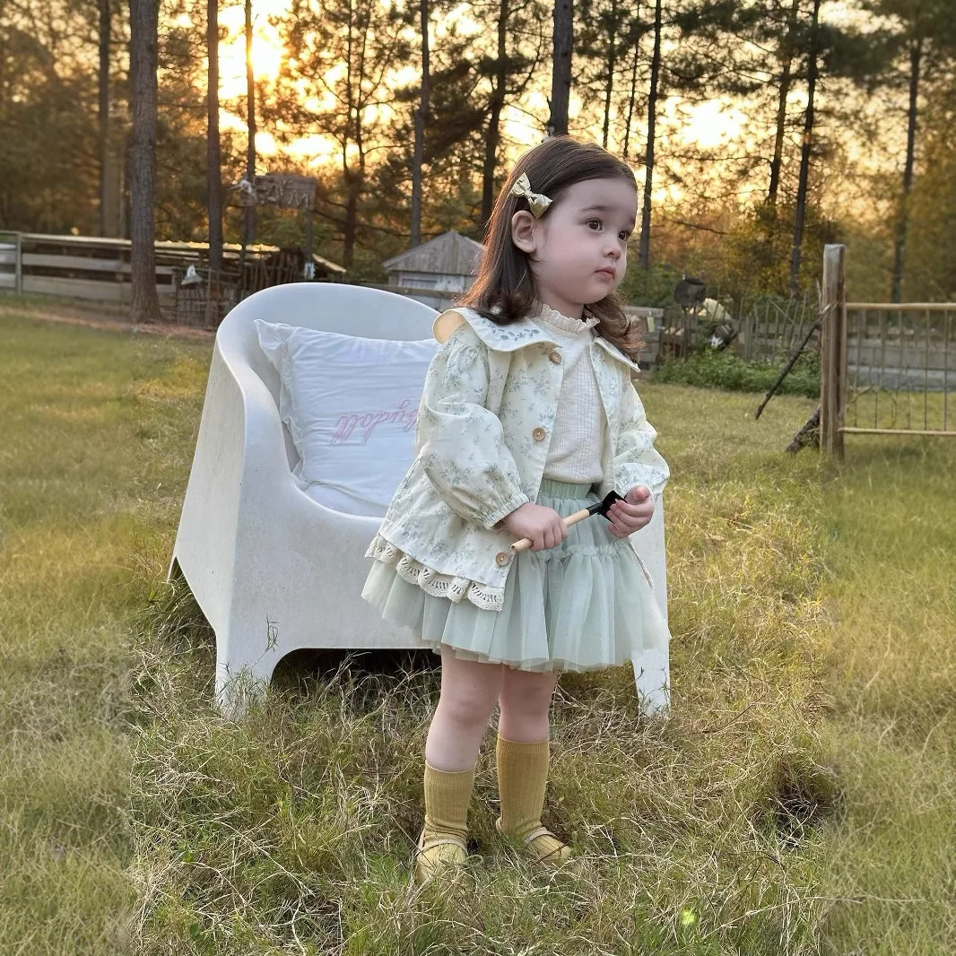 Girls' Set 2026 Spring New Girls' Floral Coat Baby Long Sleeve Base Layer and Mesh Short Skirt Three-Piece Set