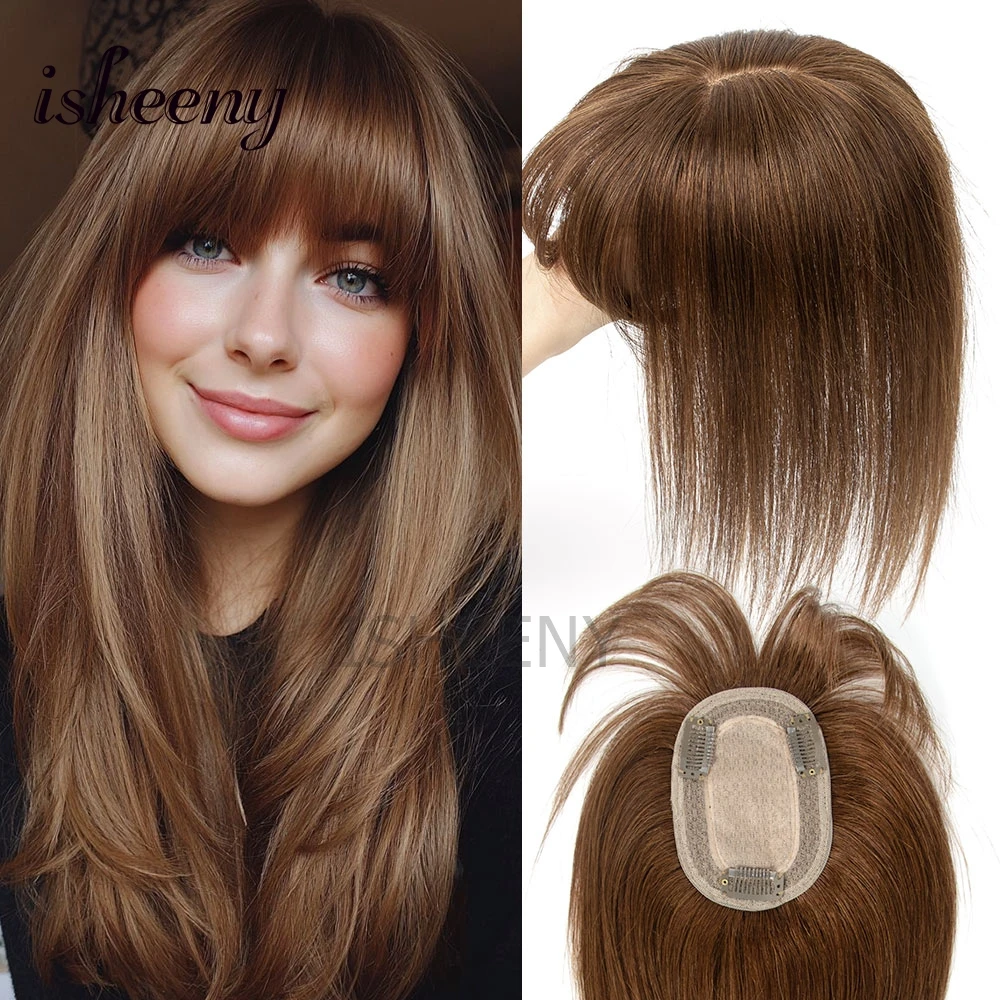 Real Human Hair Topper 3 Clip in Hair Pieces isheeny  8x12cm  Natural Straight Brown Human Hair with Hair Bangs for Women