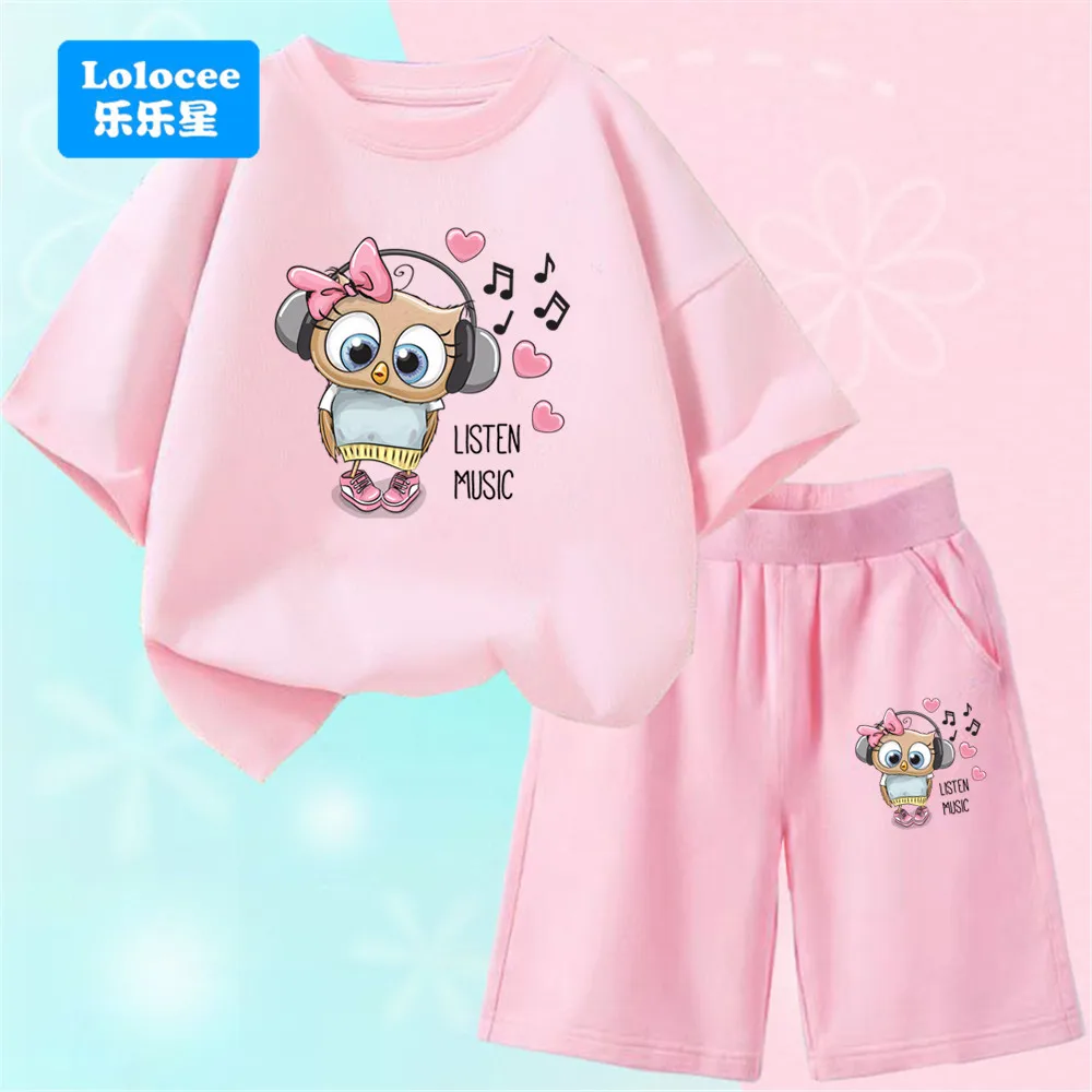 2 stücke Cartoon Eule Sets Kinder Baby Mädchen Sommer Anzüge Kawaii Grafik T-Shirt Shorts 2 stücke Casual Mode Outfits MTYYY1