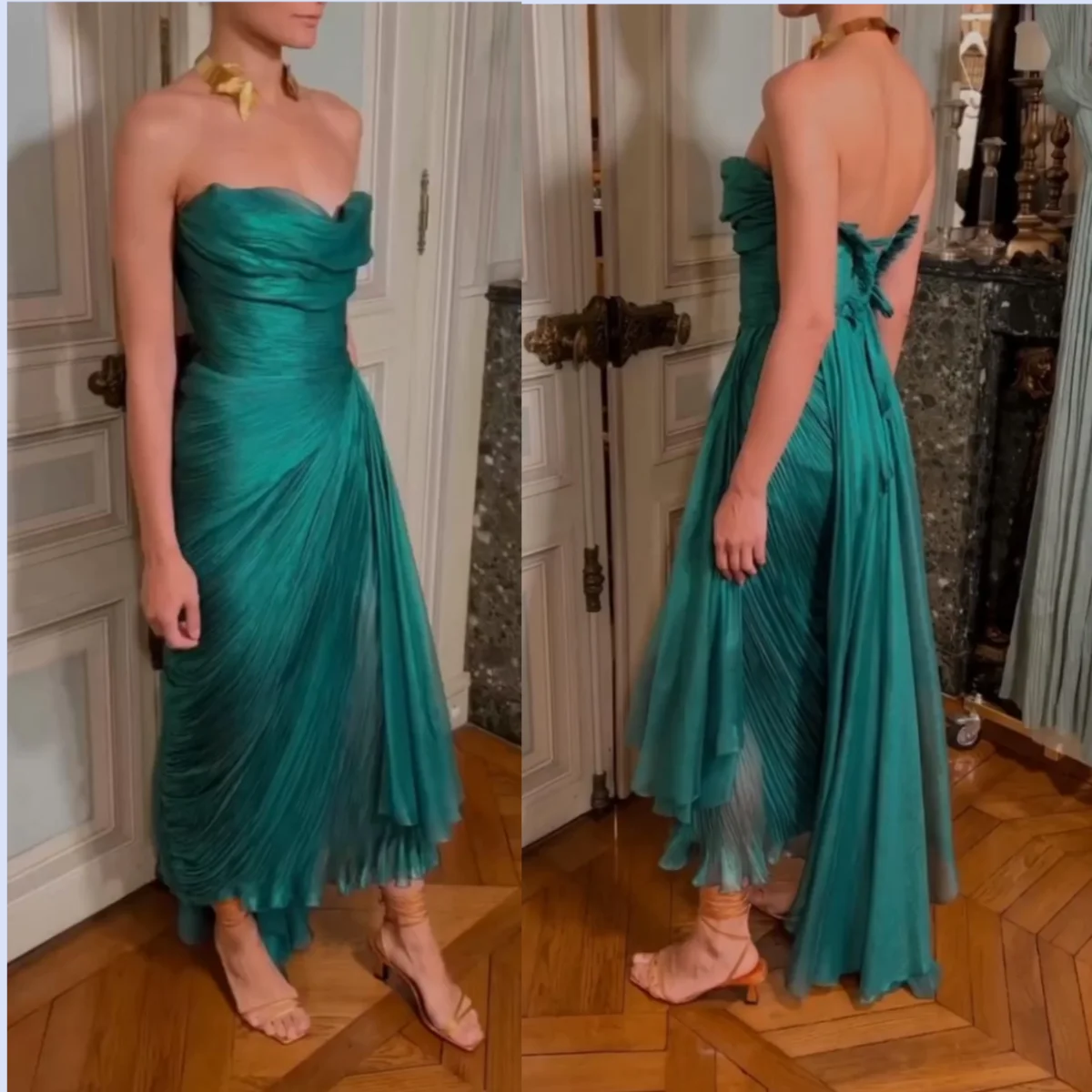 Green Chiffon Evening Dresses Strapless Prom Dresses Long Backless Special Occasion Saudi Arabia Wedding Party Gowns Customized