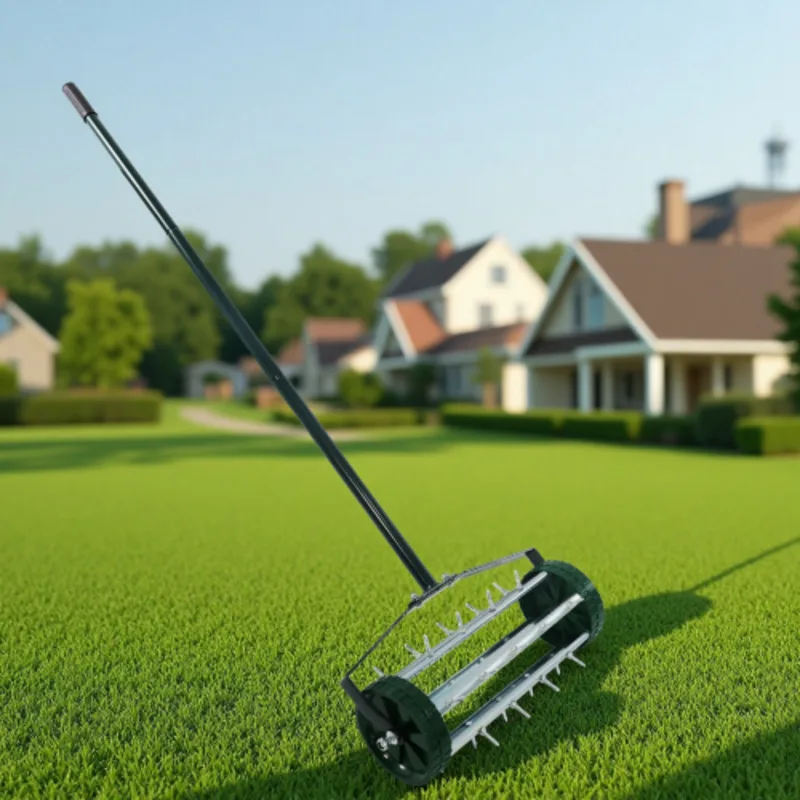 Aerator do trawnika z rolującymi igłami, aerator rotacyjny do trawnika, narzędzie ogrodnicze do aeracji gleby z 3-częściowym stalowym uchwytem