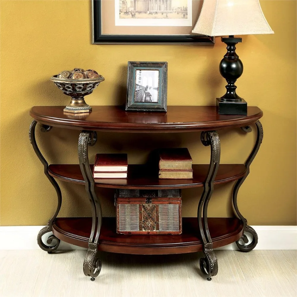 Half Moon Console Table, 3 Tiers Entryway Table with Open Storage Shelves, Traditional Semi-Circle Wood Sofa Table