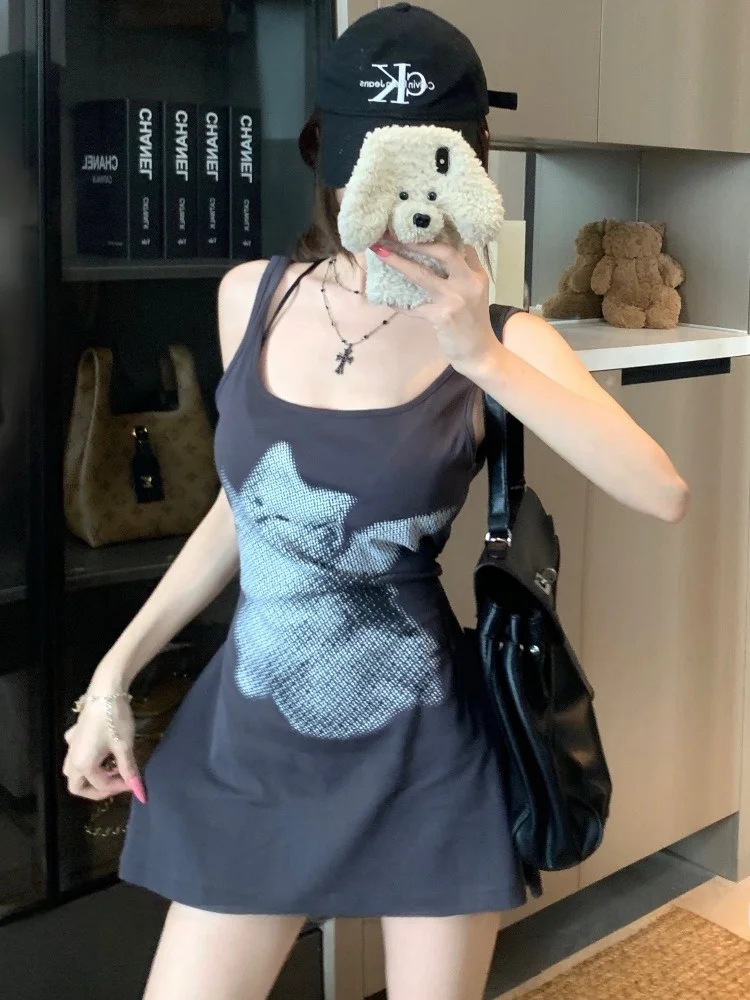 

Fashionable Casual Versatile New Pure Desire Large Collar Tied Two-Way Strap Dress Print Vest Top Korean Style Commute