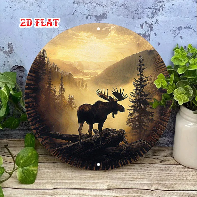 2D Flat, 1pc Moose Round Wall Art - Wilderness Forest Sunset Mountain Landscape with Moose, Rustic Cabin Decor for Home