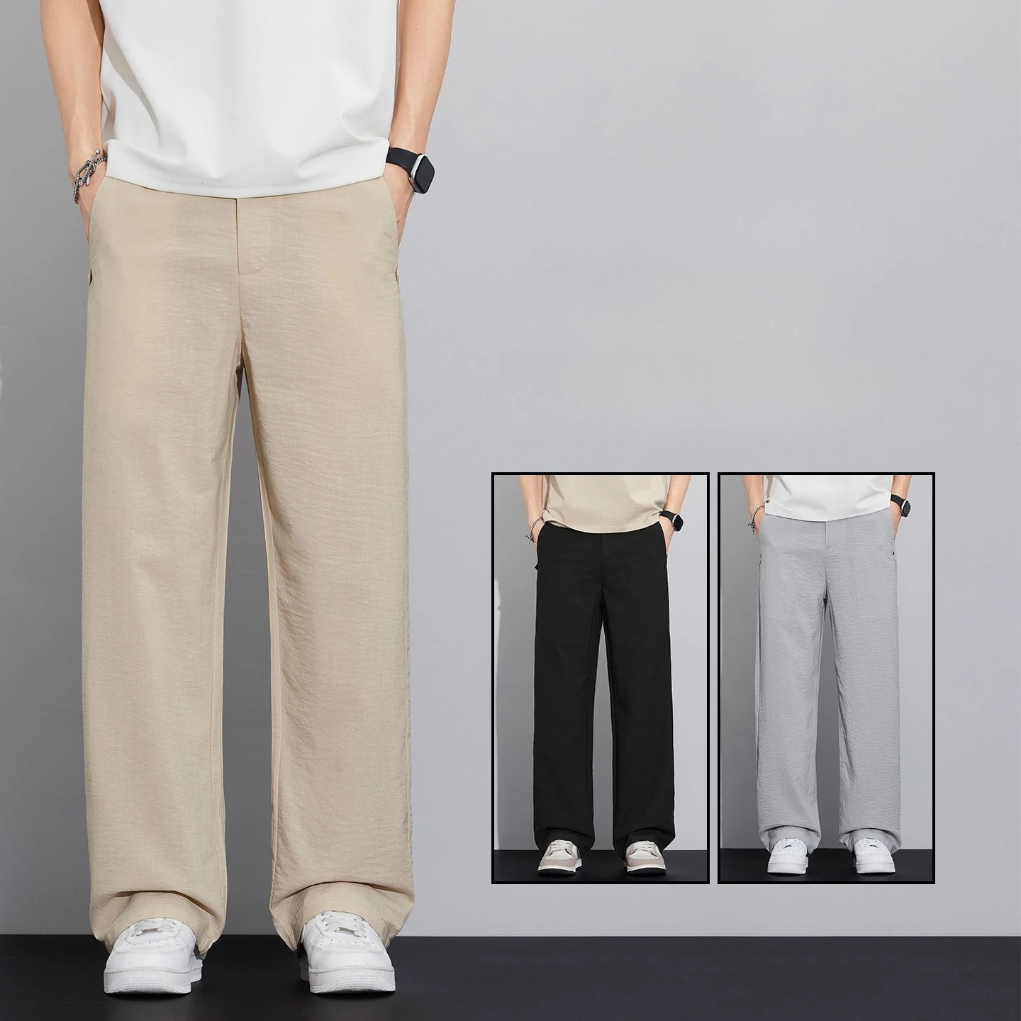 

Men's Summer Ultra-Thin Wide-Leg Pants Loose Straight-leg Trousers Elastic Waist Lightweight Breathable Ice Silk Casual Trousers