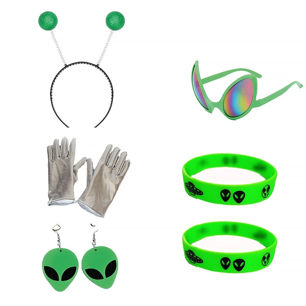 ชุดอุปกรณ์เสริมสำหรับชุดเอเลี่ยนเทศกาลอีสเตอร์: ที่คาดผมเสาอากาศสีเขียว, แว่นกันแดด, ถุงมือ, ต่างหู และสายรัดข้อมือ......– ชุดปาร์ตี้สุดสนุก