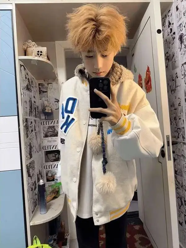 

Retro American Splice Baseball Jaet Thiened Autumn Winter Men Women Matching Couple's Jaet Casual Loose Fit Polyester