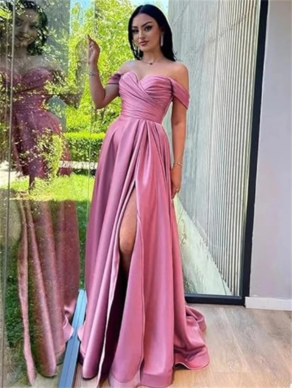 Satin Off-the-shoulder Strapless Prom Dresses Sleeveless Backless Pleated Backless Lace-up High Slit A-line Formal Ball Gowns