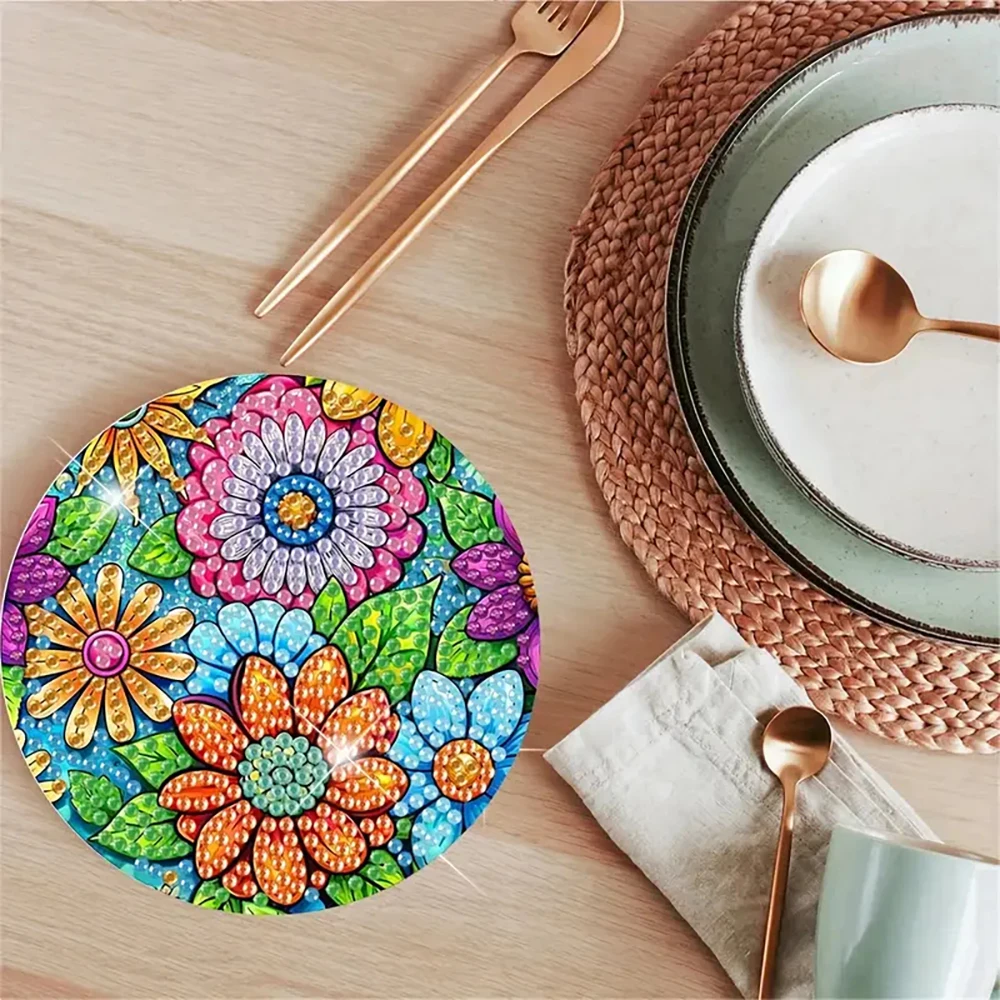 8 Pieces/Set of Animal and Flower Patterned Diamond Painted Coasters Set, Sparkling Rhinestone Heat-Resistant Beverage Mat With