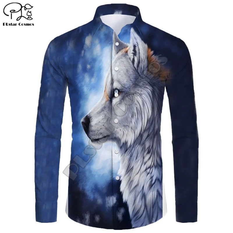 

New Hawaiian Shirt 3D Printing Wolf King Series Long Sleeve Shirt Casual Unisex Shirt L-1