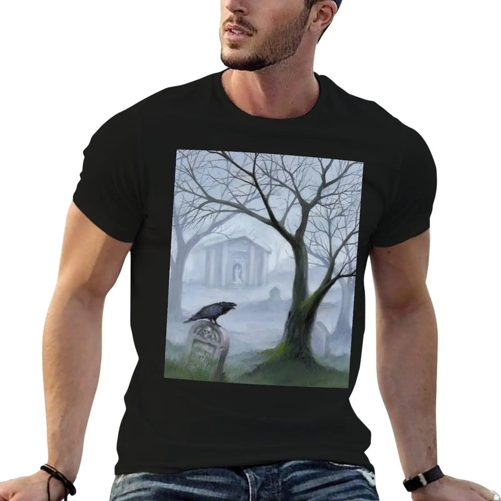 

Foggy Graveyard and Raven T-Shirt aesthetic clothes street wear t shirts for men