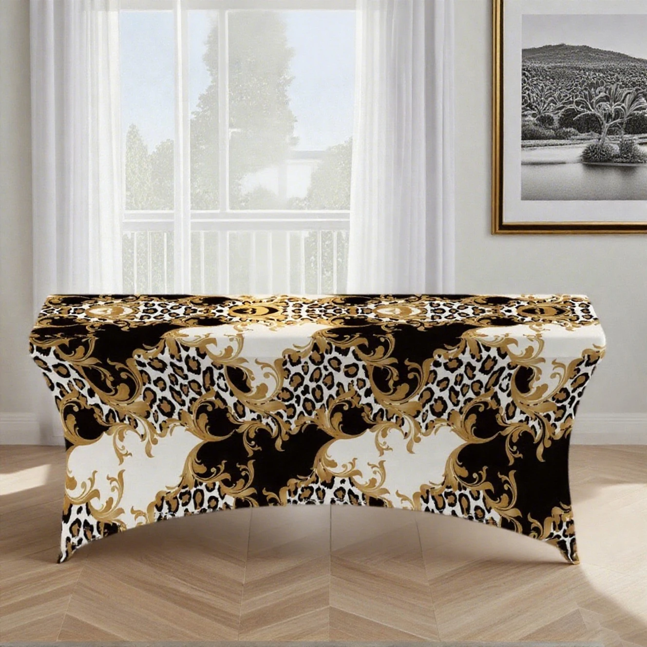 1pc All-inclusive tablecloth,Black Gold Leopard Baroque Stretch Table Cover,Suitable for kitchen parties
