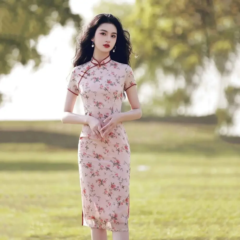 

Традиционное китайское платье Cheongsam с цветочным принтом, женское ретро импортированное сексуальное розовое короткое платье Ципао, летнее платье в восточном стиле
