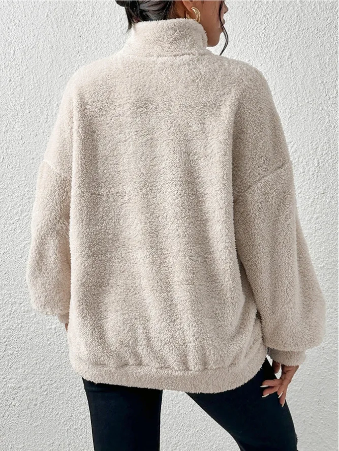 2026 Herbst Winter Mode Damen Samt-Hoodie Einfarbig Verdickter Plüsch-Pullover mit Großer Tasche Warmer Langarm-Damen-Sweatshirt – Detail 3