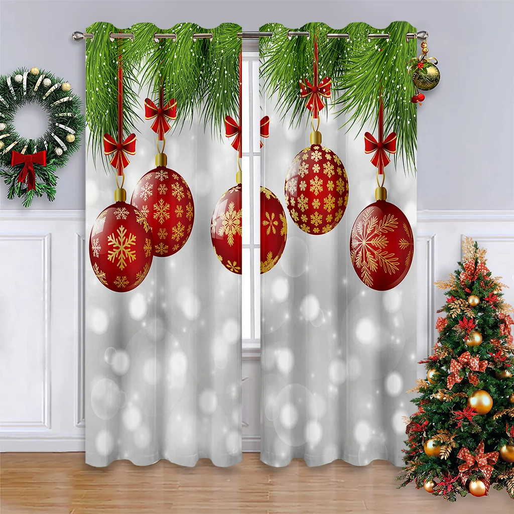 Christmas Decorative Curtains, Curtains Printed With Red Christmas Bauble Patterns,Festive Decorative Curtains,Gift For Children
